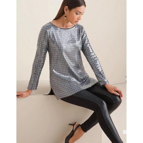 Chicos Houndstooth Sequin Gray Tunic Lined Top Holiday Party Size 1 Medium - Picture 1 of 9